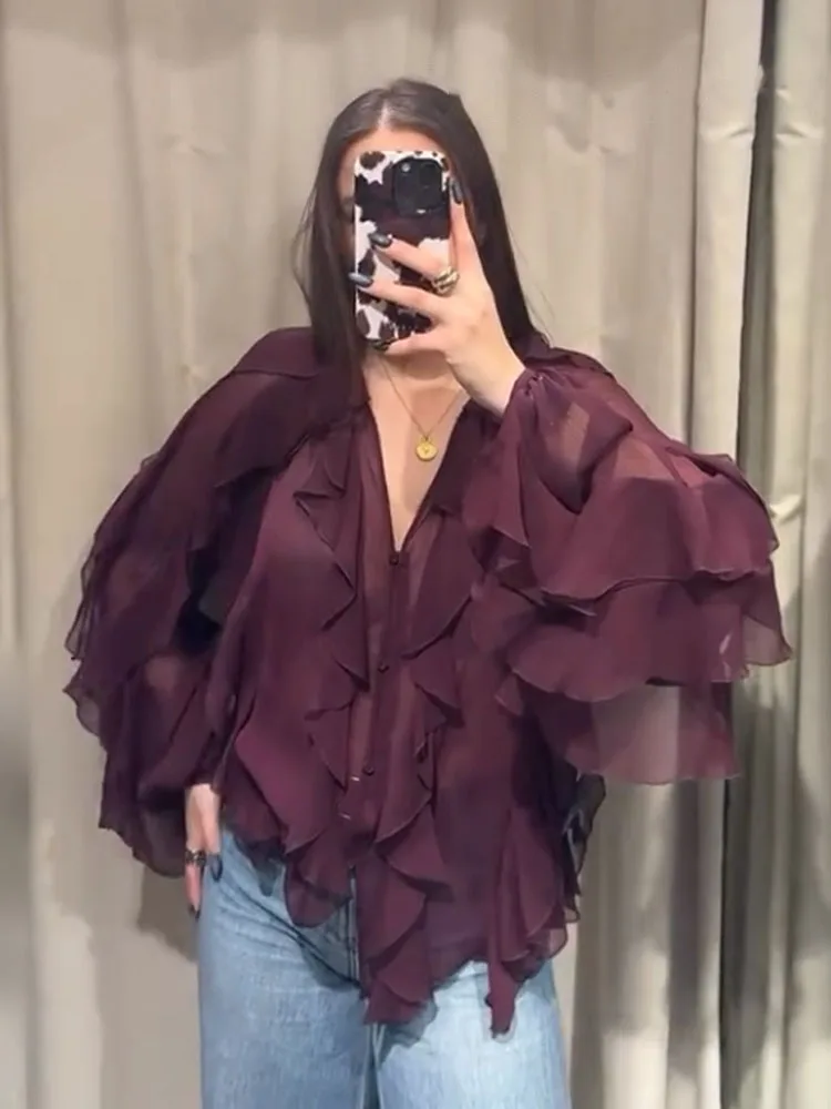 HH 2025 Spring Women Elegant V-Neck Blouse Single-Breasted Women Long Sleeves Laminated Decorative Solid 2-color Shirt