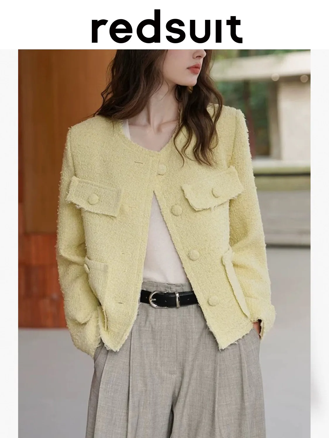 New Classic round neck fringed multi pocket yellow tweed jacket, fashionable versatile top Custom Size