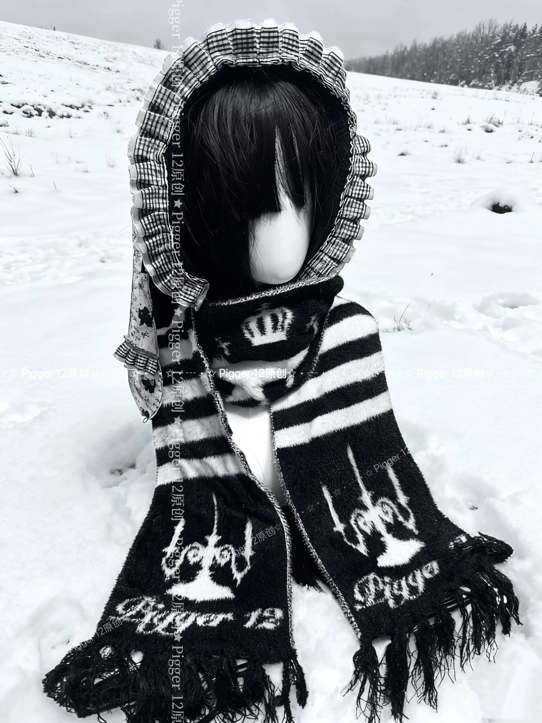 

Японский оригинальный субкультура Y2k теплый шарф женский имитация норки Лолита в полоску древний азиатский осенне-зимний готический шарф