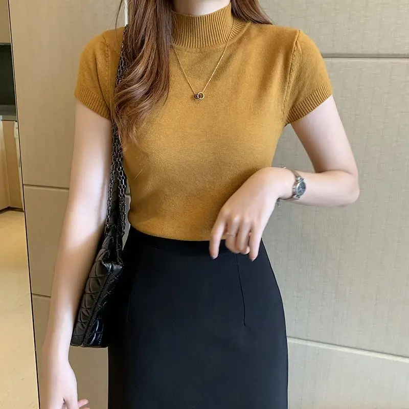 Spring Summer Solid Slim Women\'s Clothing Undercoat Tops Ladies Fashion Half Height Collar Pullovers Knitting Sweater T-Shirts