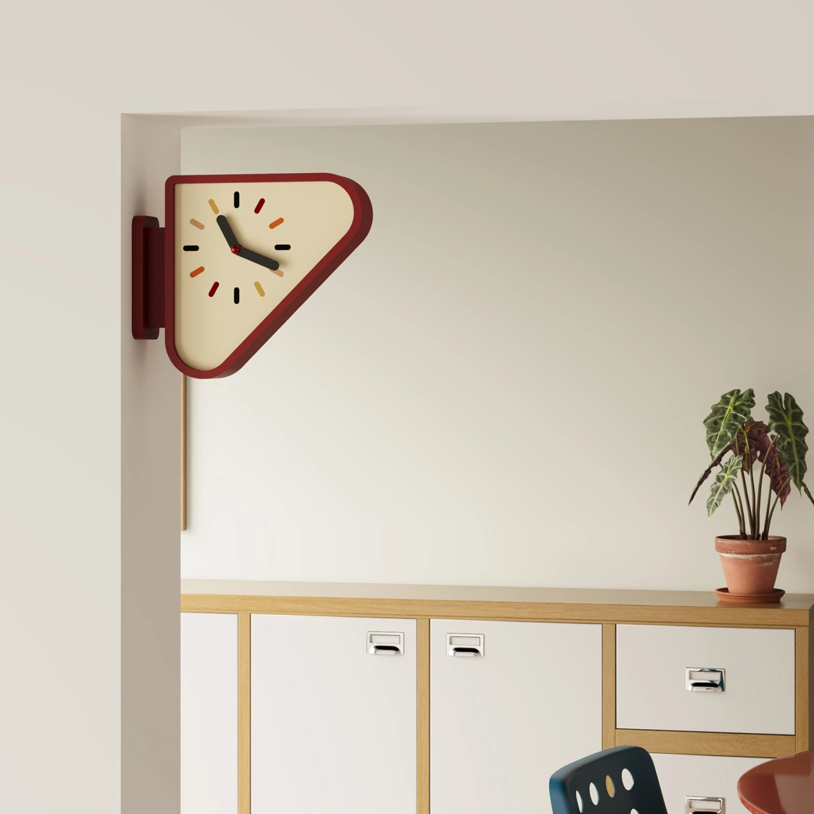 Eck-Wanduhr, doppelseitige Halterung, dreieckige Wanduhr, Dual-Display, farbige Stundenmarkierungen für Zuhause, Schlafzimmer, Wohnzimmer, Dekoration