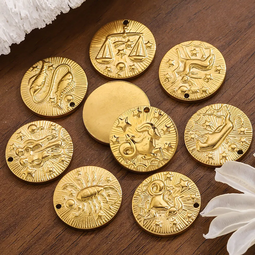 

5 шт. подвесок-коннекторов из нержавеющей стали с 12 знаками зодиака, позолоченные, для изготовления ювелирных изделий, серег, ожерелий, материалы для рукоделия