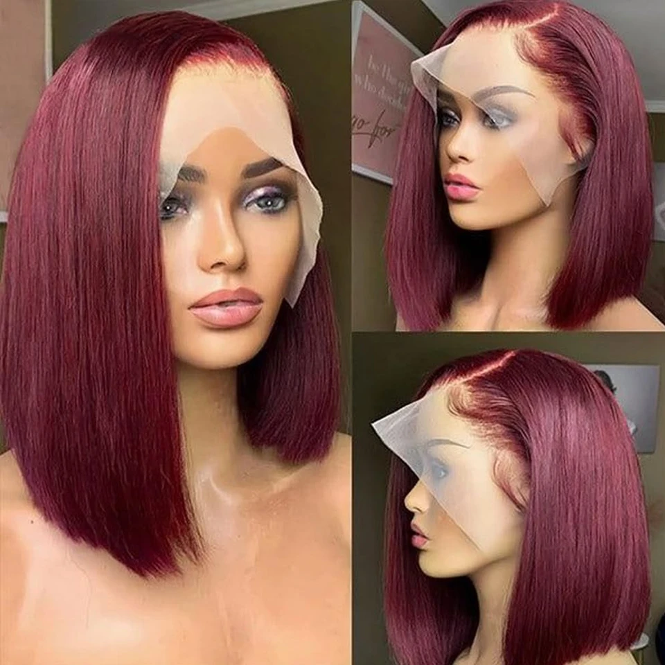 13x4 Short Bob Wig Human Hair 99J Dark Red Burgundy Color Full Frontal Bob Wigs Blunt Cut Bone Straight Front For Black Woman