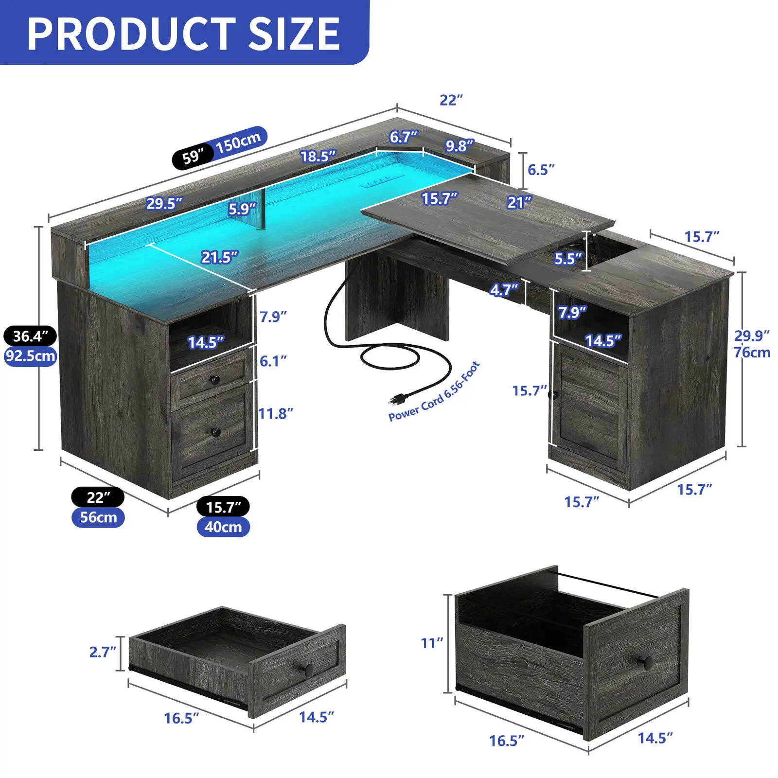 59" L Shaped Office Computer Desk Lift Top File Drawers LED Light Power Outlet