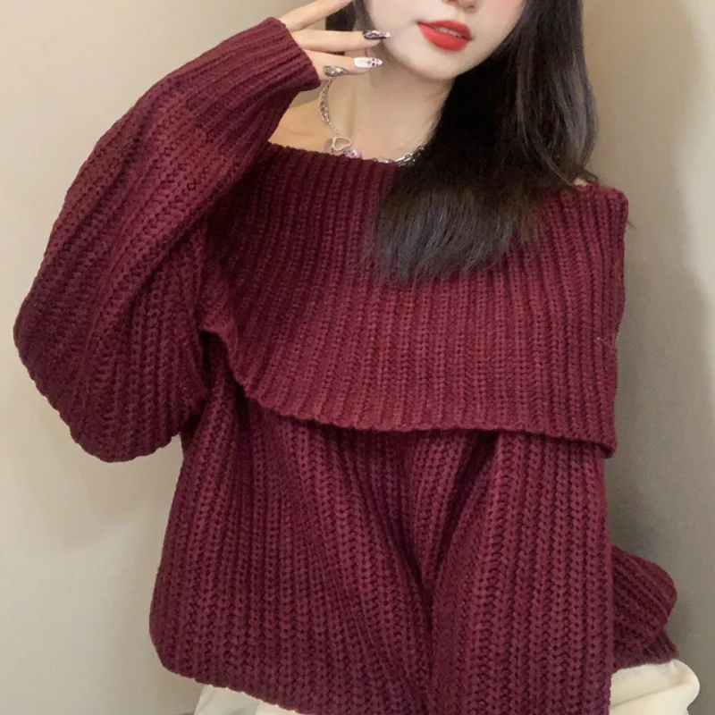 

WAKUTA Knit Off Shoulder Turtleneck Two Wear Wool Sweater JAPAN Solid Color Women Pullover Autumn Winter 2024 New Pulls Femme