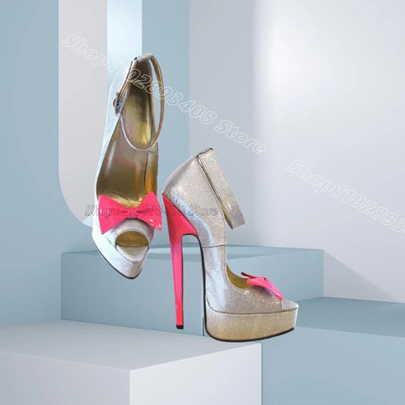 

Glitter Silver Bowknot Platform Pumps Peep Toe Stiletto Leather Ankle Buckle Women Party Sexy Pumps 2025 Zapatos Para Mujere