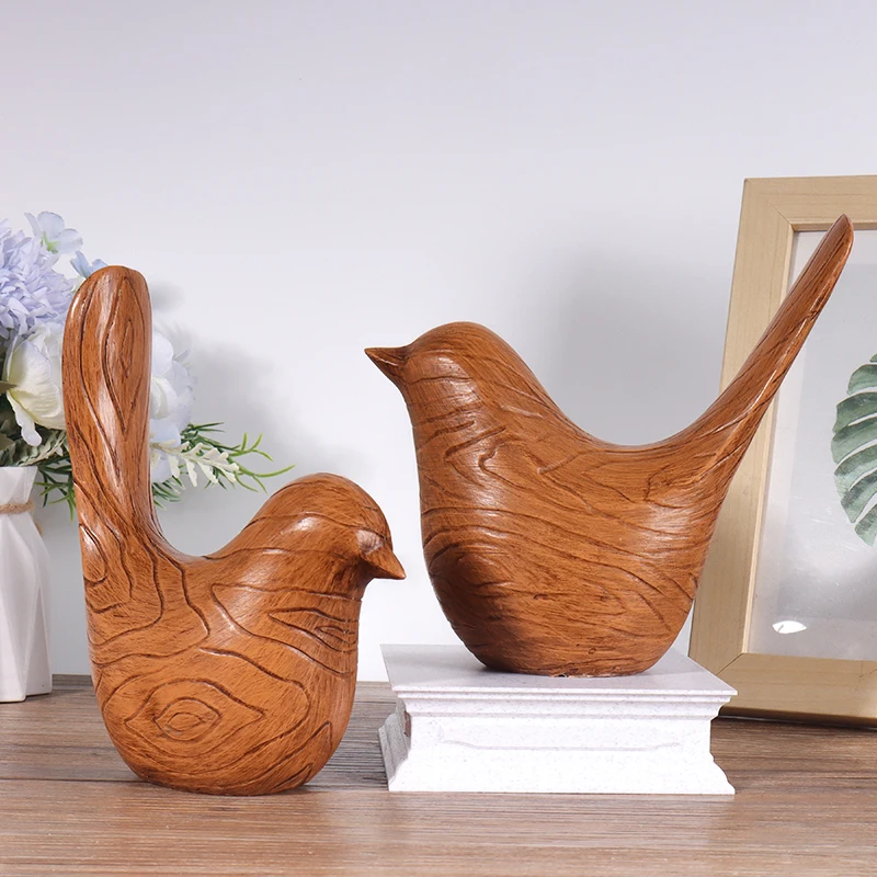 Nordic Style Wooden Grain Bird Sculpture Minimalist Resin Statue Ornament for Home, Bedroom