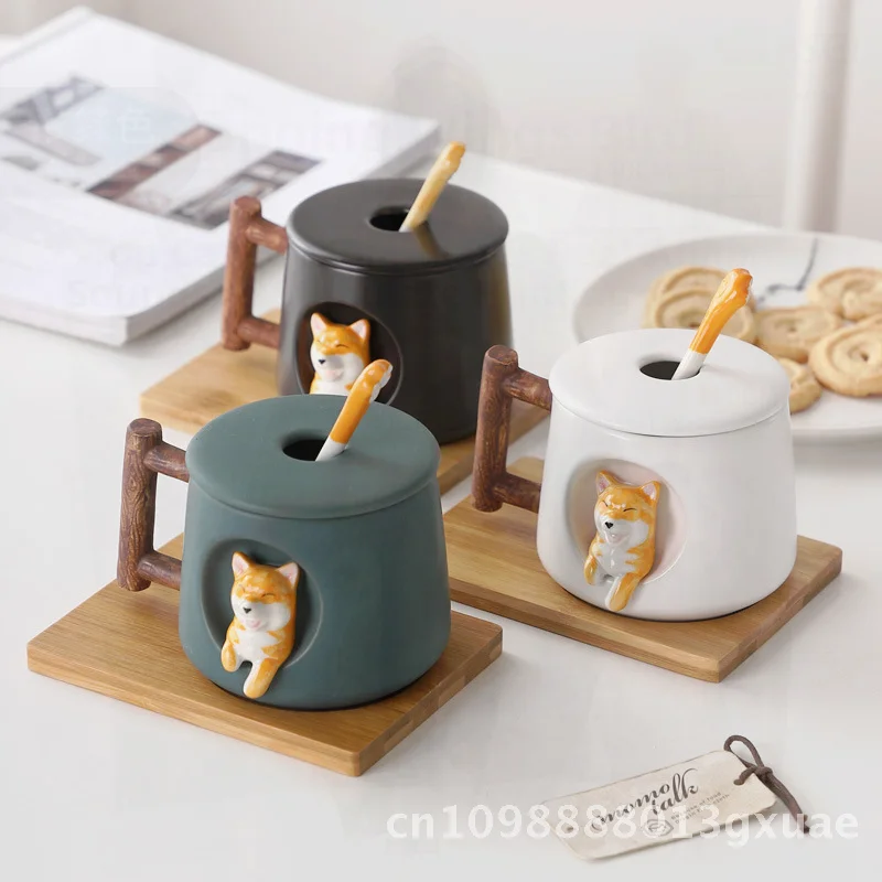 

Ceramic Shiba Inu Mug with Lid And Spoon Creative Trendy Personalized Cup for Coffee Or Water Universal Gift for Men And Women