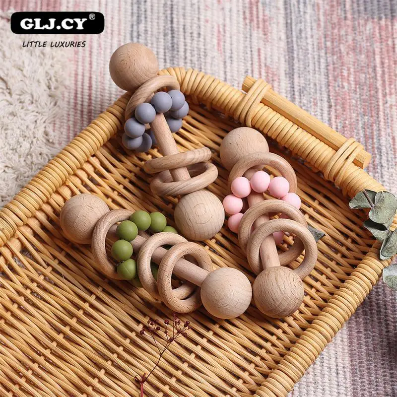 Baby Teething Light Soothing Toys Silica Gel Wooden Teething Toys Beaded Teether Appease Teething Stick Molar Silicone Beads