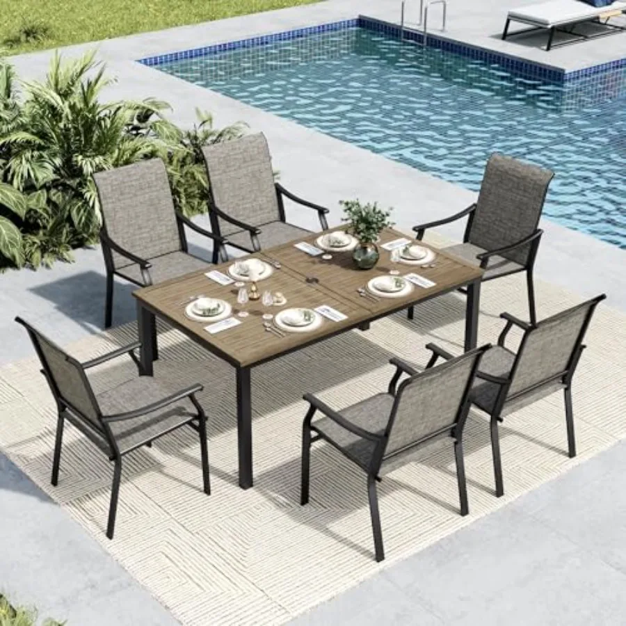 

7 PCS Outdoor Dining Set with 6 Patio Dining Sling Chairs and 1 Heavy Duty Metal Wood-Like Top Table for Patio Grey