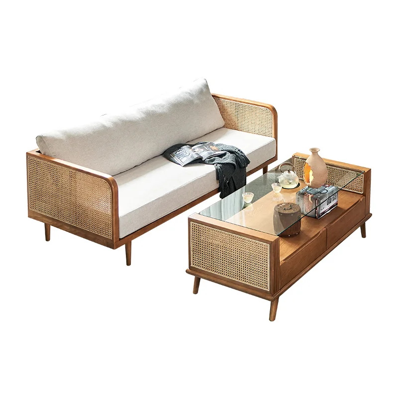 

New Chinese retro rattan solid wood sofa, hotel homestay three-person rattan living room sofa customization