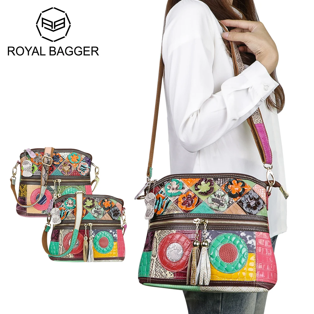 

Royal Bagger Genuine Leather Shoulder Bag, Color Stitching Plaid Crossbody Bags, Vintage Satchel Purse for Women 1897