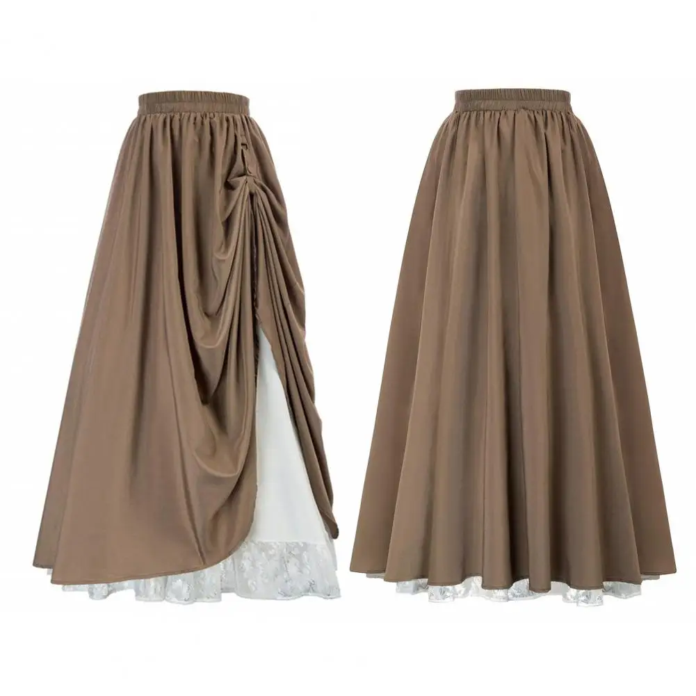 Women Lace Stitching Side Pleated Maxi Skirt Solid Color Double Layer Long Skirt Elastic High Waist Retro A-Line Skirt