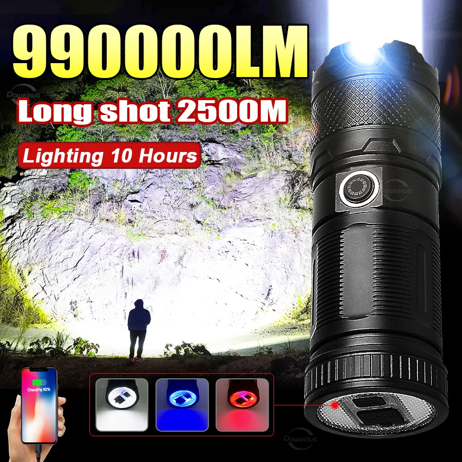 High Power LED Flashlight Super Bright 990000LM Torch Light USB Rechargeable Flashlight Built-in Battery Fishing Camping Lantern