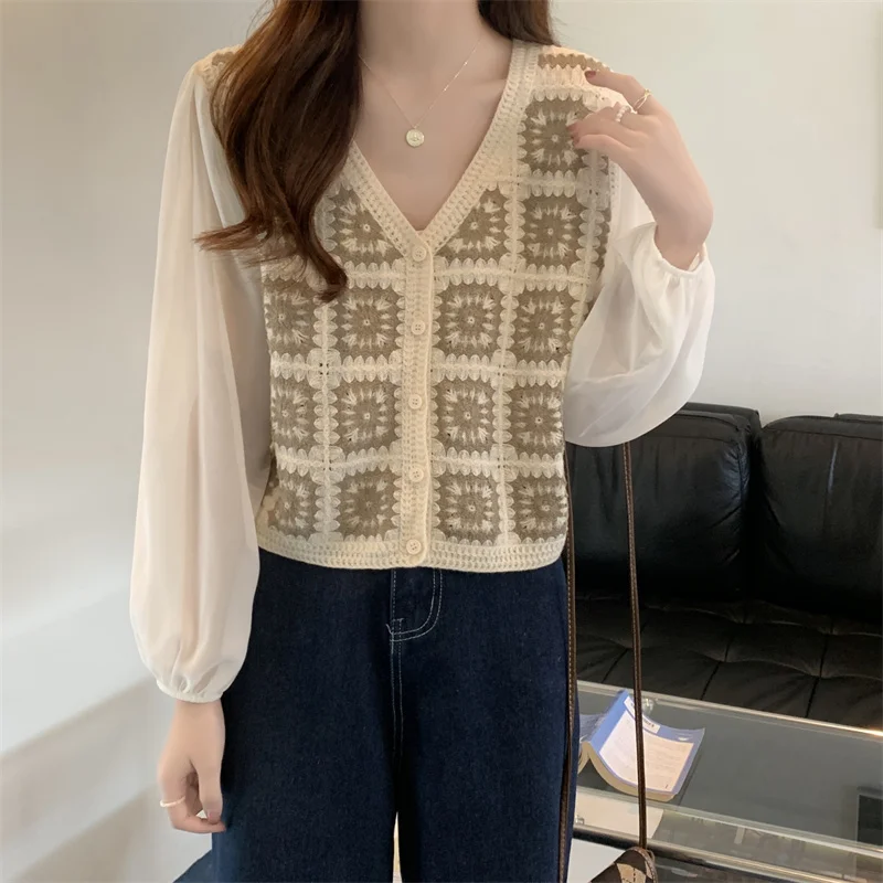 Oma-Quadrat-Häkelbluse für Damen, Puffärmel, Knopfleiste vorne, offenes Strickoberteil, Hemd, Sommer, Strand, Bohemian-Boho-Outfit