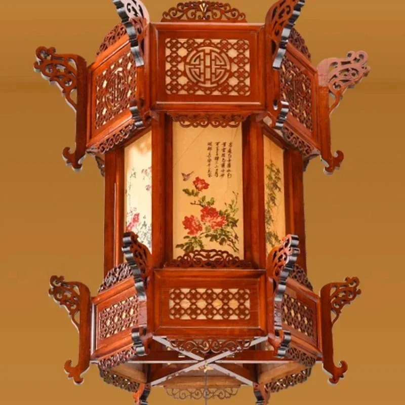 Chinese Solid Wood Palace lantern with Hanger Light Bulb Eight Immortals Painting Bird-and-flower Painting Outdoor Waterproof