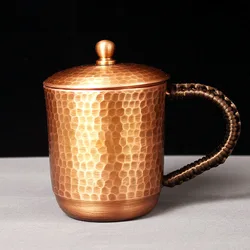 Handcrafted Pure Copper Beer Coffee Mug With lid Retro Hammer Weave Handle Thickened Hammer 350 ml Breakfast Cup Drinkware