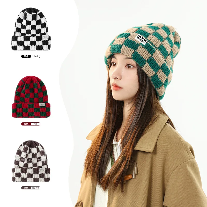 Fashion Plaid Knitted Beanies for Women Winter Pullover Hat Red Green Color Checkerboard Skull Hat Street Casual Beanie Gorras