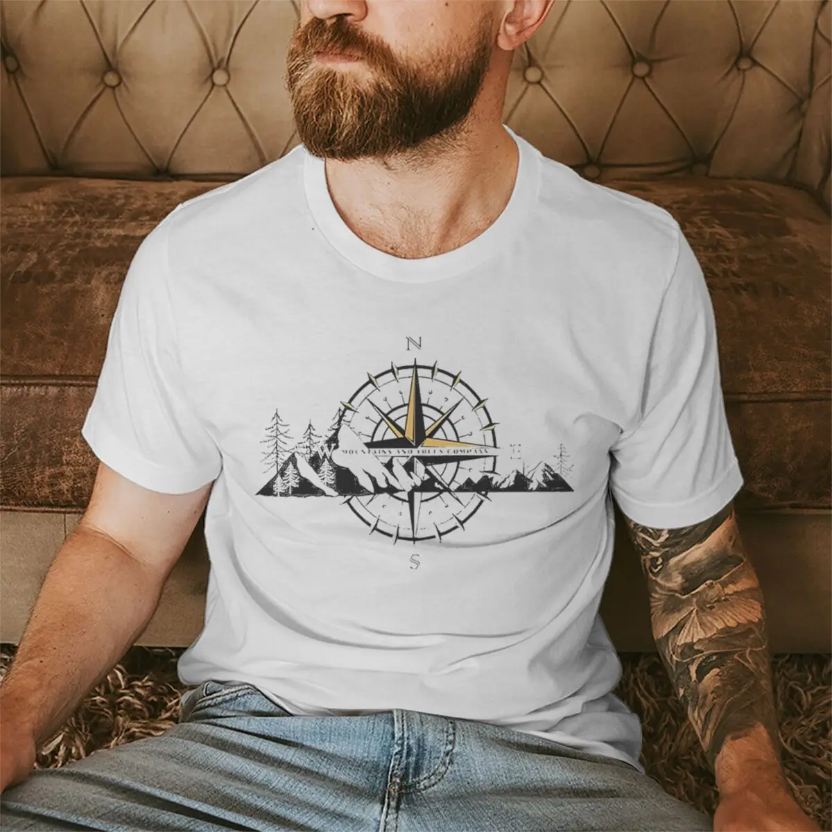 

Men's Outdoor Adventure Graphic T-shirt, Funny Compass & Mountain Print T-Shirts, Summer Short Sleeve Tops, Men's Clothing