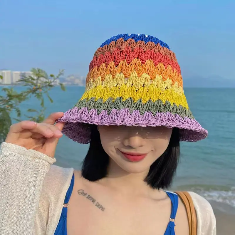 Topi jerami wanita 2024 pelangi musim panas topi ember pelindung matahari topi nelayan tepi lebar perempuan topi Panama wanita topi matahari pantai
