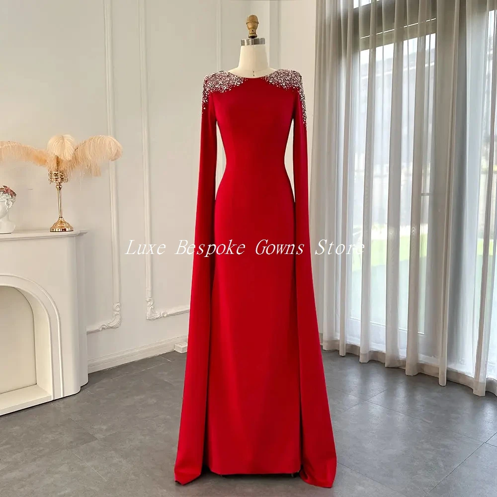 

Women's Mermaid Evening Dresses Floor-length Scoop-neck Full Sleeve Prom Gown Fashion Crystal Sequined Draped Customized Gowns