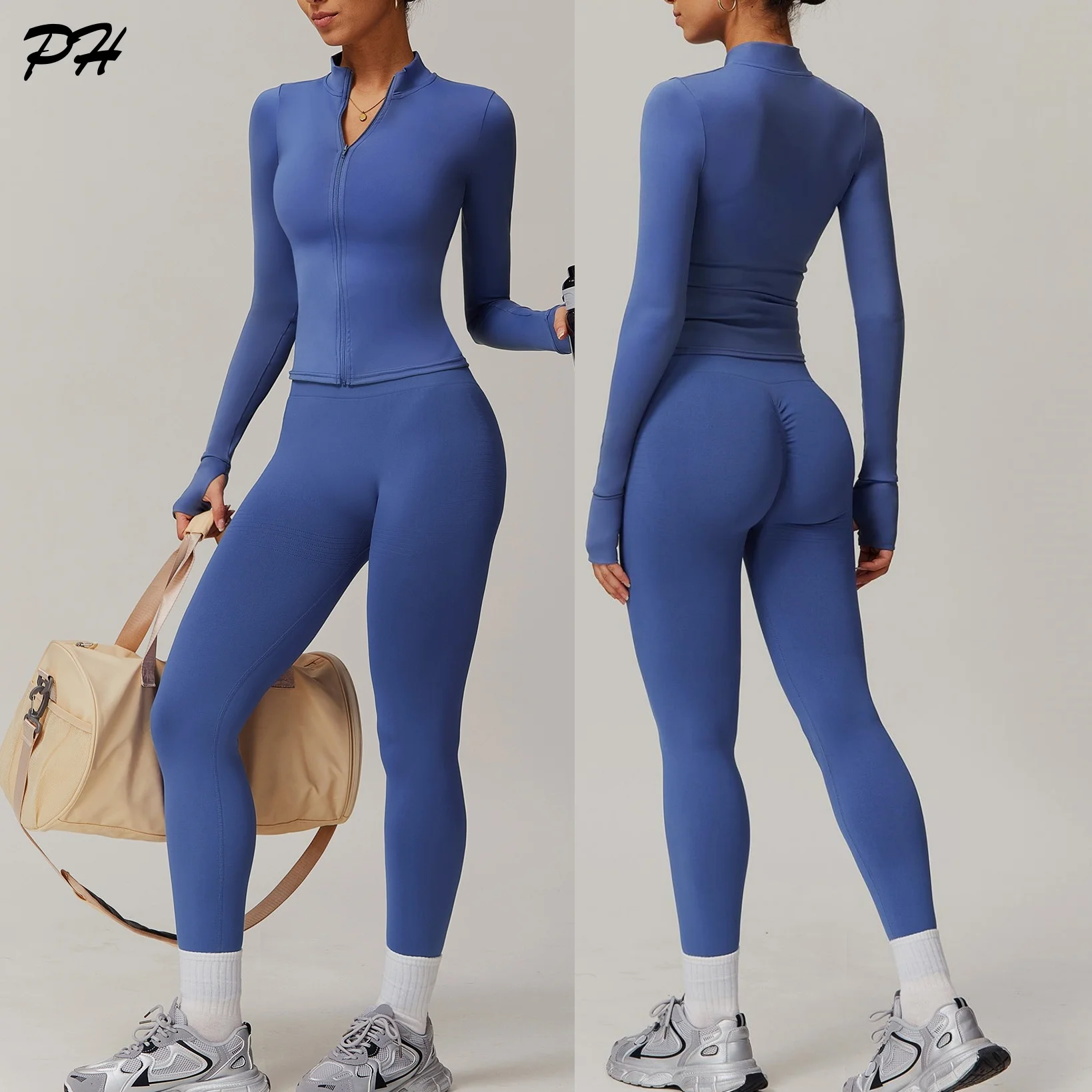 2Pcs Yoga Long Sleeve Jacket Top Leggings Set Women Autumn Winter Workout Fitness Sportswear Breathable Yoga Running Tracksuits