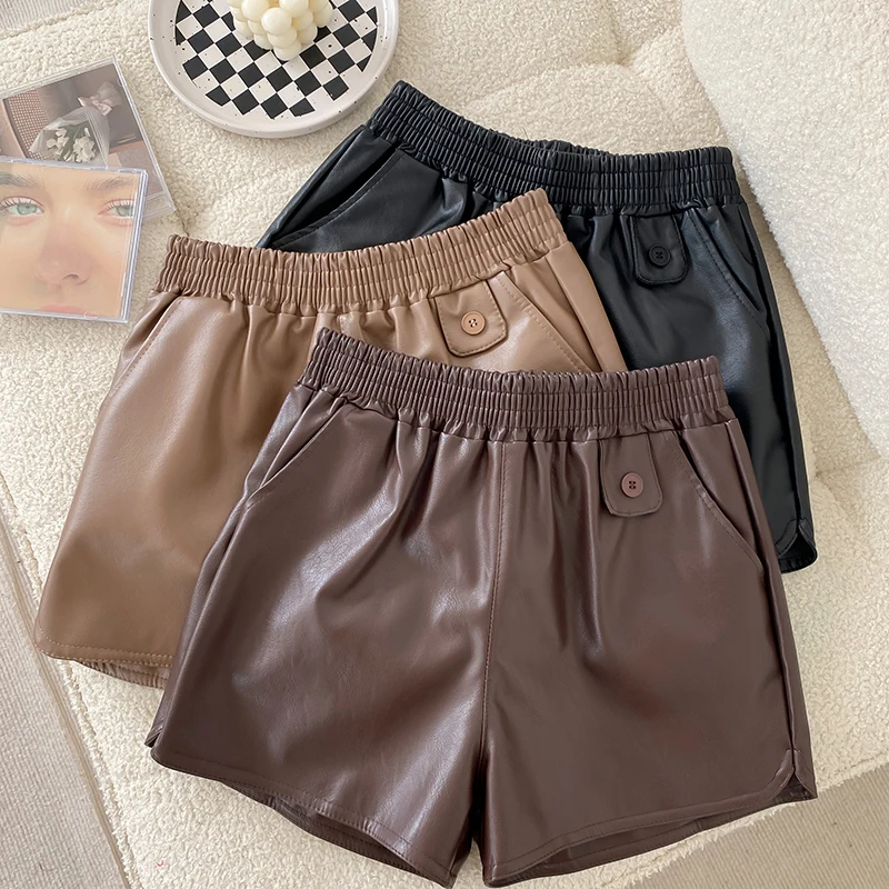 

PU Leather Woman Shorts Korean Elastic High Waist Autumn Winter 2022 New Causal Wide Leg Short Femme Fashion Bottoms