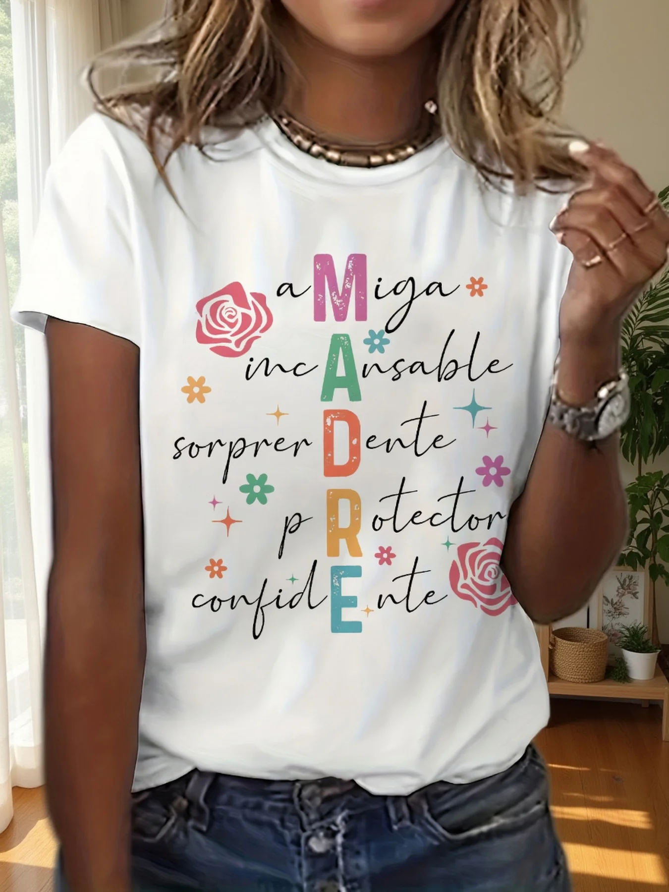 Madre Spanish Mama Mother Graphic Print T-shirt, Short Sleeve Crew Neck Casual Top for Summer & Spring, Women's Clothing