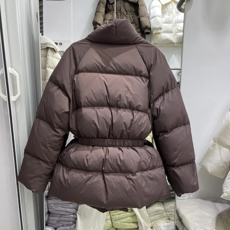 2025 Winter New Jacket Women Medium To Long V-neck Waist Belt Shows Thinning Loose Unique Design Jacket Parkas