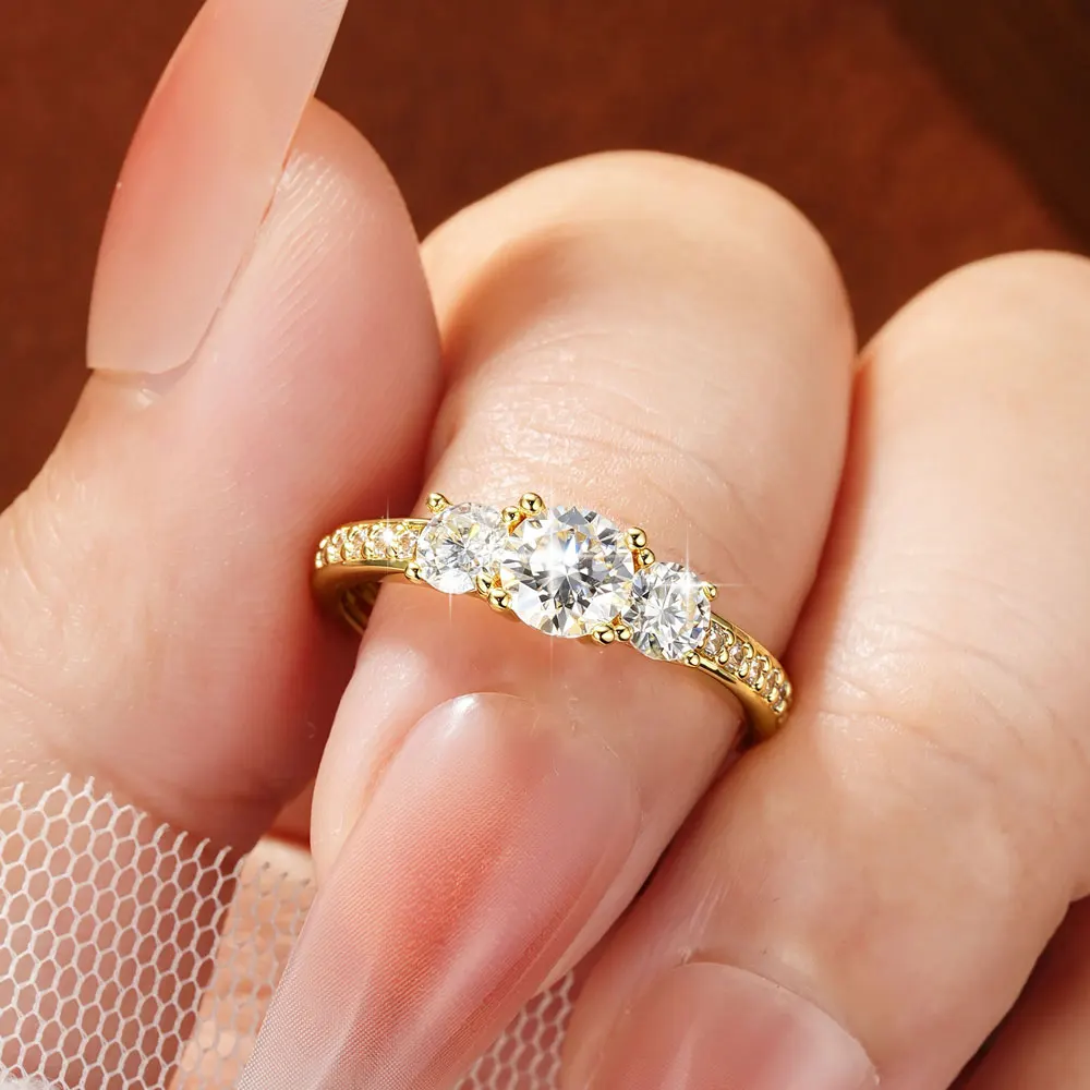 Celestinova Round Moissanite Three Stone Ring GRA Certified 14K Gold Plated Engagement Wedding Bridal Jewelry For Women