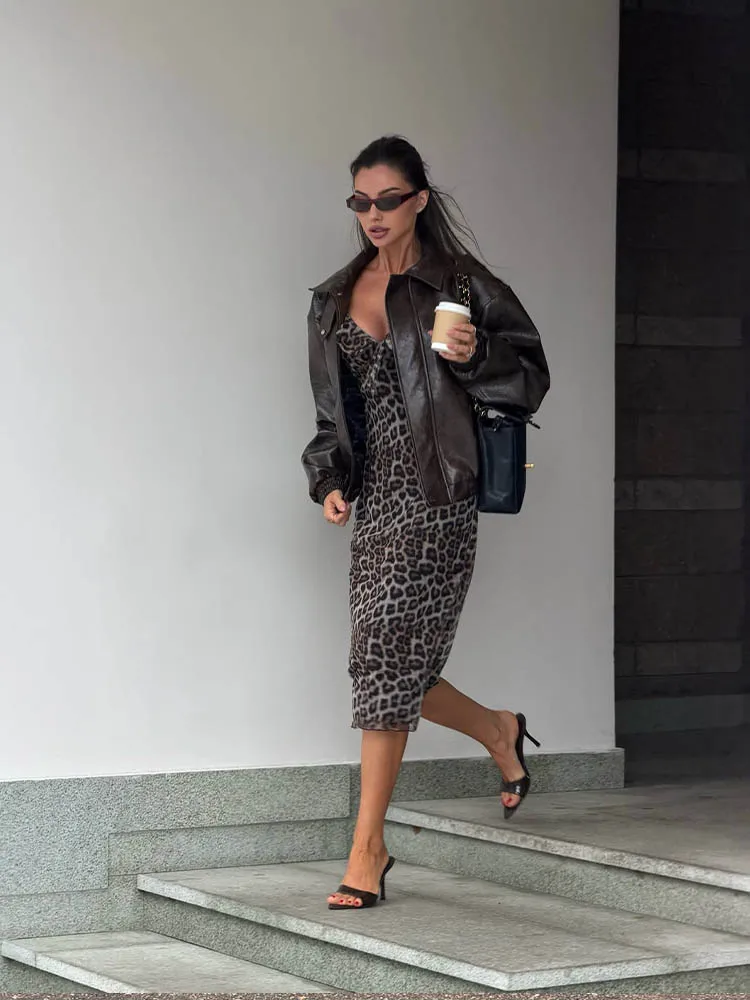 HUHUGIRL 2026 New Mesh Midi Dresses V-Neck Lace-Up Sleeveless Leopard Printing Fashion Casual Street Style For Women Summer Chic