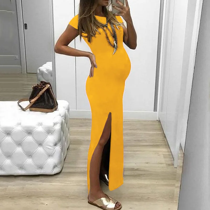 2023 Summer Maternity Dresses Solid Short Sleeve Bodycorn Maxi Dress Pregnant Women Side Slit Baby Shower Gowns Premama Clothing