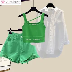 Koreaanse Populaire Zomer Nieuwe Stijl Gedragen Casual Shorts Wit Chiffon Shirt Groen Vest Beha Drie Stuk Elegante Vrouwen Shorts set