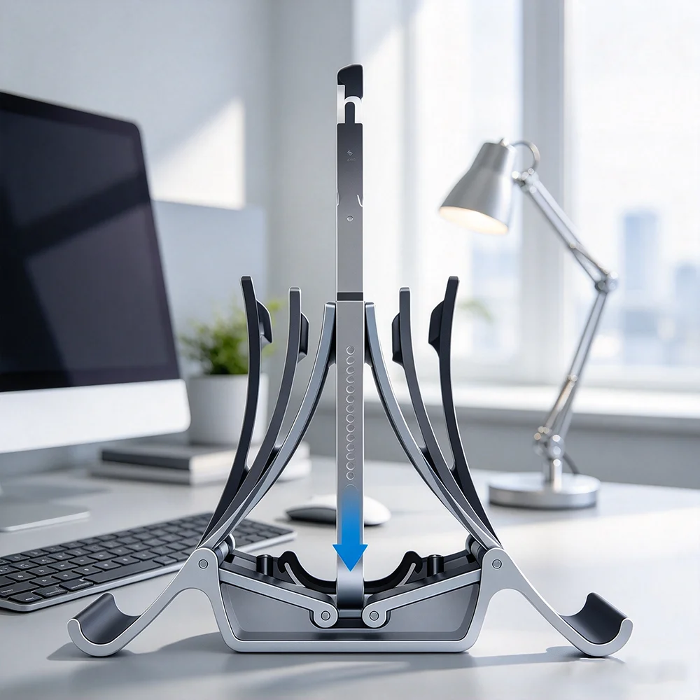 Soporte para portátil multifuncional, antideslizante, con diseño vertical que ahorra espacio y estructura resistente.