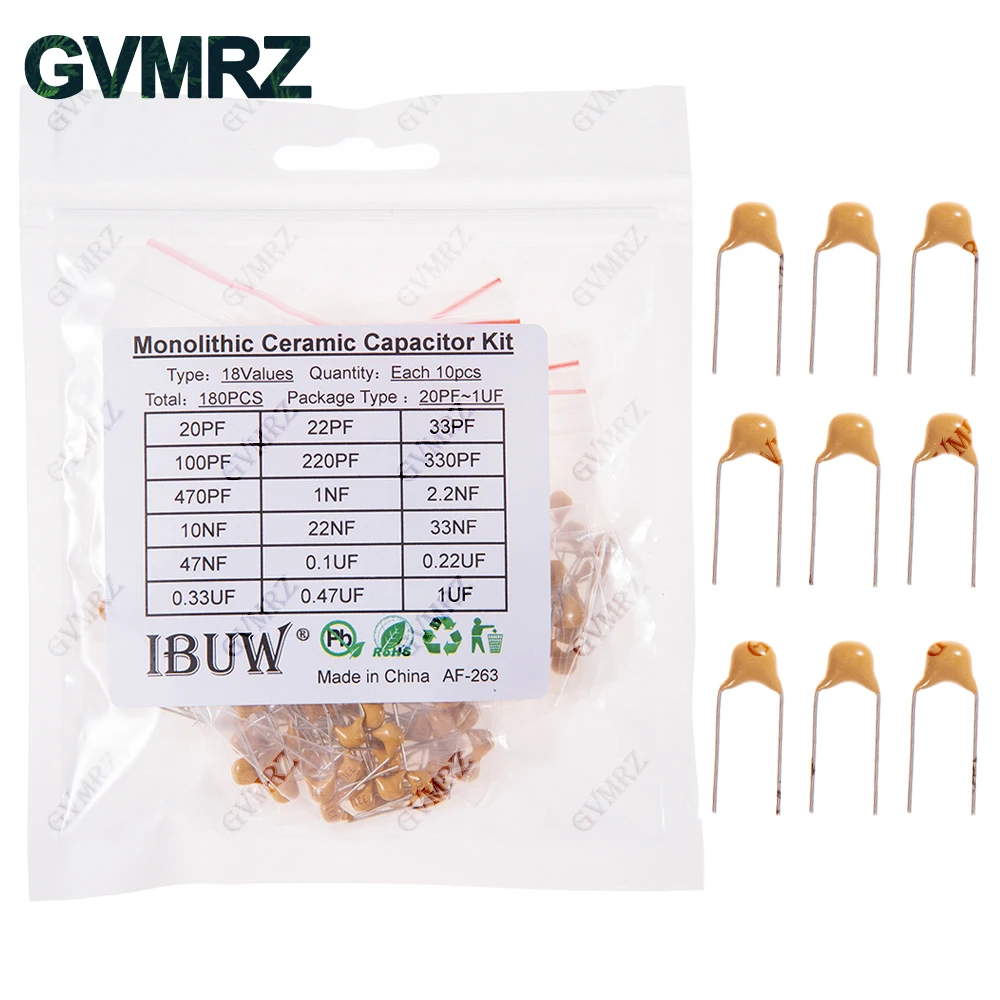 180PCS 18Values Monolithic Ceramic Capacitor Kit (20PF-1μF) for DIY Electronic Filtering & Oscillator Circuit Projects