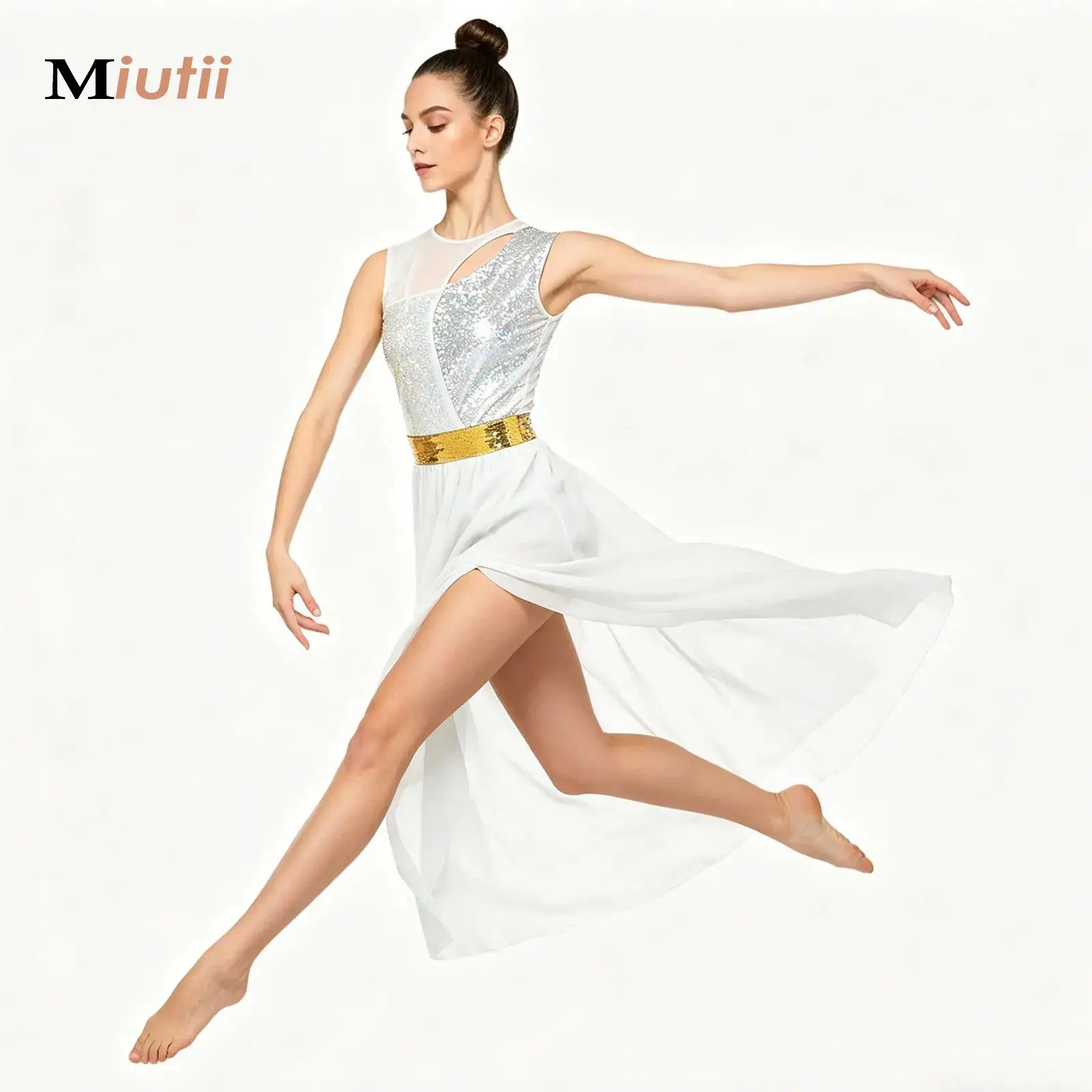 

Liturgical Worship Dancewear Lyrical Dance Costume Women Sheer Mesh Patchwork Flowy Split Dress Built-in Shorts Leotard Dresses