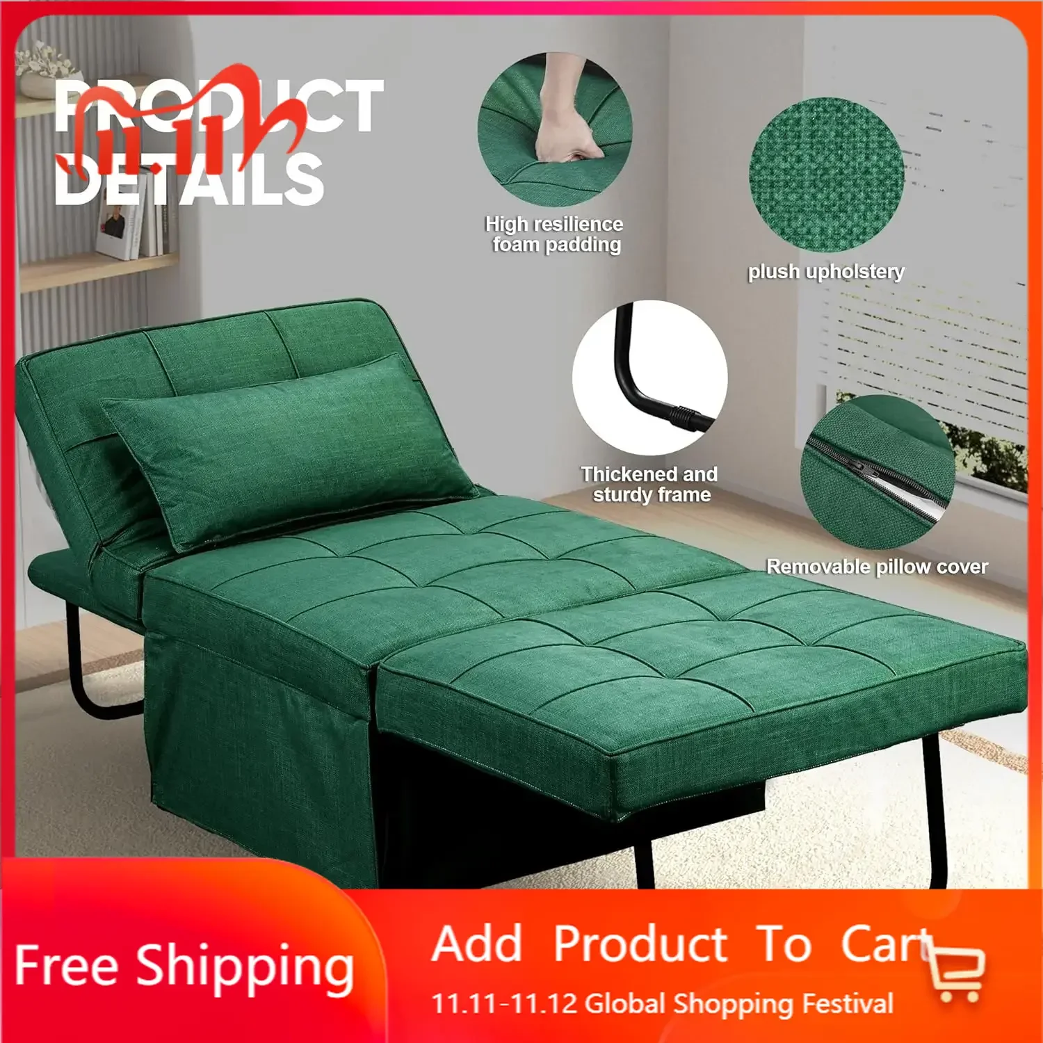 

Раскладной диван-кровать 4-в-1, многофункциональный складной диван-оттоманка с регулируемой спинкой, современный футон-софа, не требует сборки