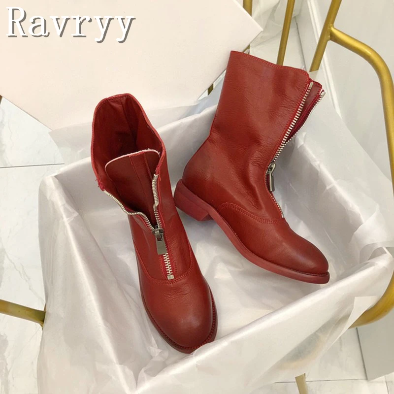 New Front Zippers Boots for Women Round Toe Thick Heels Leather Ankle Boots Solid Color Female Luxury Brand Footwear