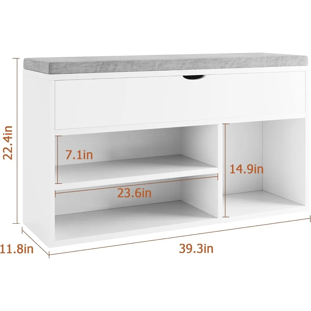 Entryway Bench With Lift-Top Storage Box & 2 Tiers Open Shoe Rack White Shoerack Bedroom Organizer Cabinet Modern Living Room