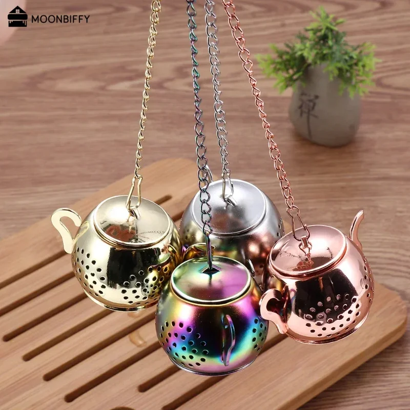 Metal Tea Strainer Teapot Shape Loose Tea Stainless Steel Infuser Leaf Tea Maker Strainer Chain Drip Tray Herbal Spice Filter