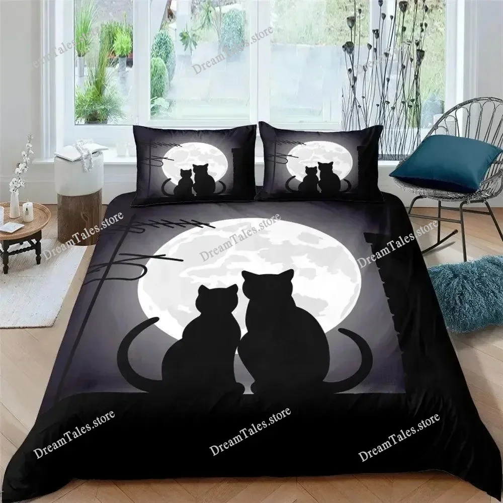 Wiccan Occult Black Cat Duvet Cover Set,Gothic Black Cat Bedding Sets Mysterious Sun and Moon Comforter Cover Queen Size