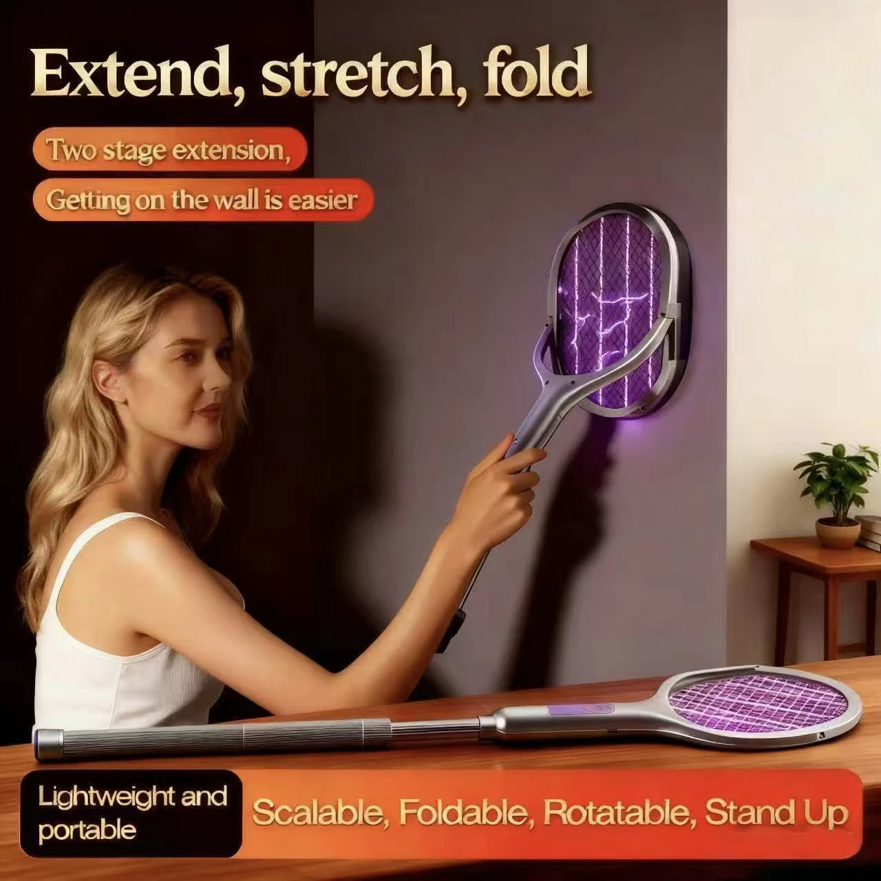 

Electric mosquito swatter USB rechargeable home safety powerful LED light fly swatter retractable 109 cm 90° rotation