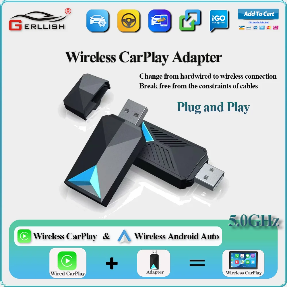 

Адаптер Gerllish-Wireless CarPlay и Android, AI Smart Box для автомобилей с проводным CarPlay, 2 в 1.