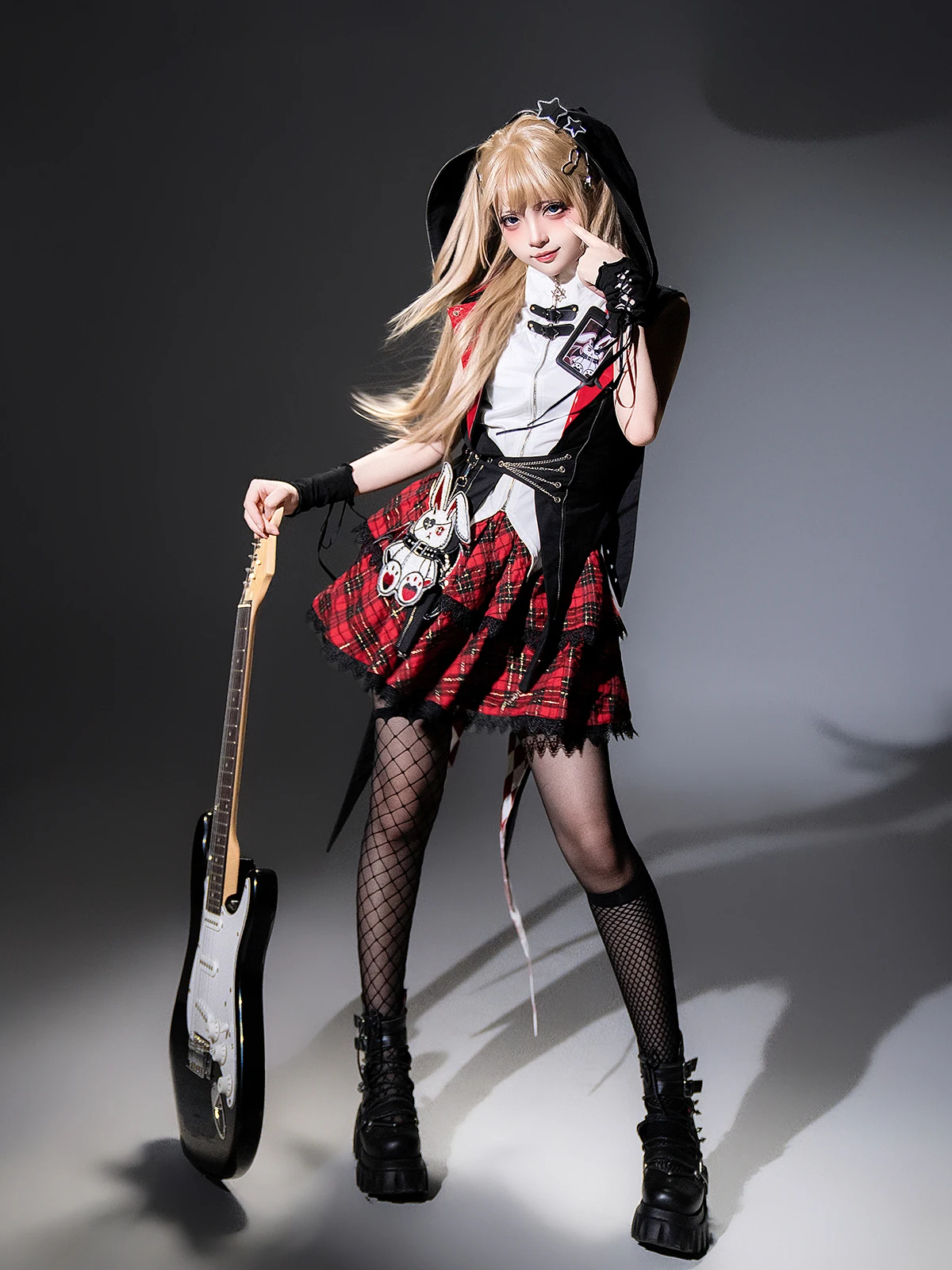 Original Design Rock Rabbit Lolita Gothic Subculure Punk Hot Girls Buny Ear Jacket and Blouse and Mini Skirt Black Red 3pcs Set
