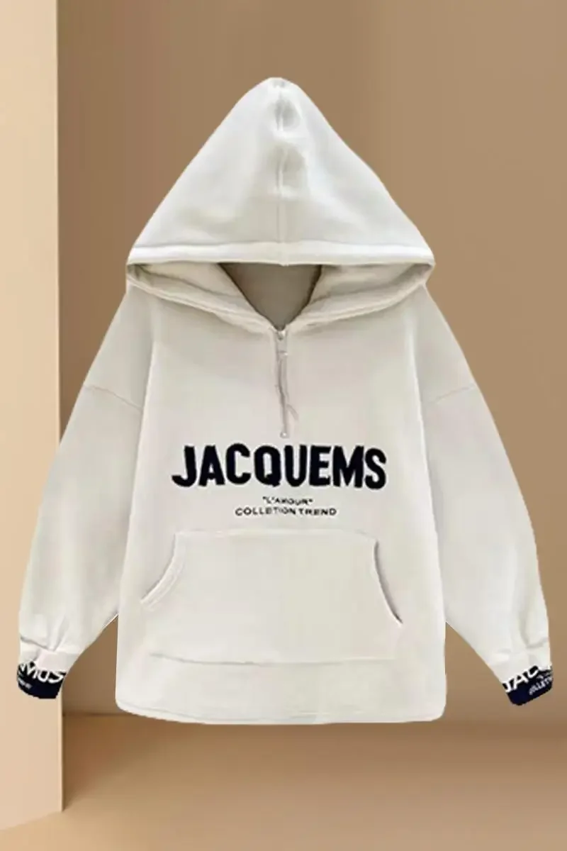 

New Autumn and Winter Designed Hooded Zipper Sweatshirt Fashionable Velvet Warm Letter Pockets Long-sleeved Top for Women