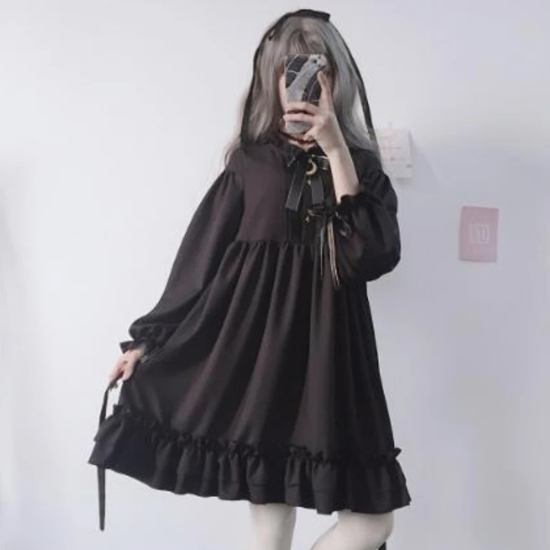 Wiktoriański Gothic Lolita OP sukienka kobiety Harajuku z długim rękawem łuk wzburzyć bandaż czarne sukienki dziewczęce Cosplay Lolita pokojówka