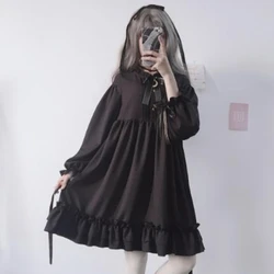 Wiktoriański Gothic Lolita OP sukienka kobiety Harajuku z długim rękawem łuk wzburzyć bandaż czarne sukienki dziewczęce Cosplay Lolita pokojówka Vestidos