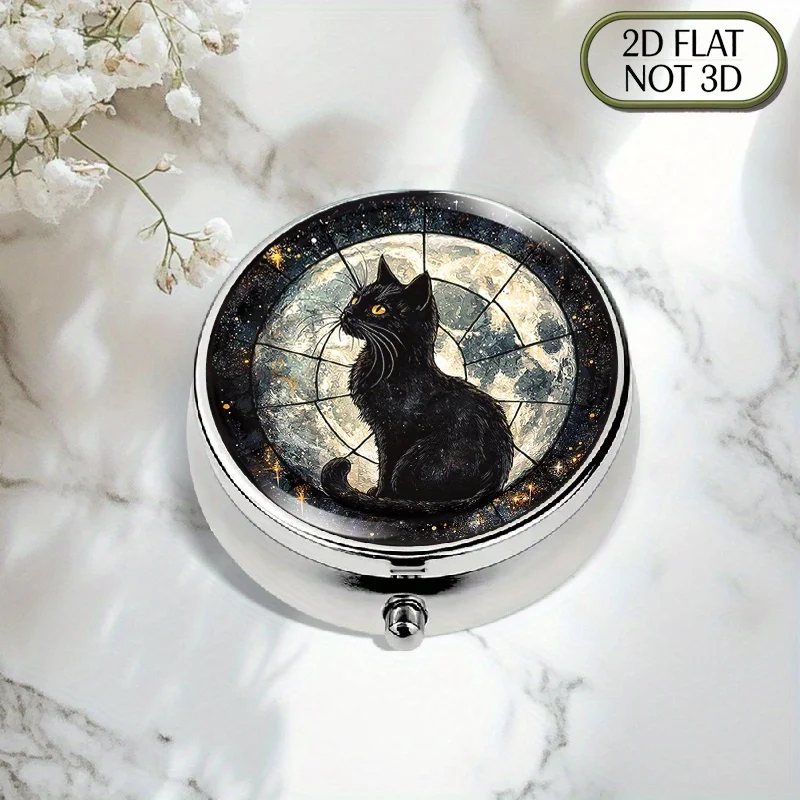 1 piece of flat, portable, round metal pill box, featuring a stained glass-style design of a black cat on the moon, ideal for storing medication or supplements, perfect for travel and daily use, great for organizing vitamins and small items, makes a thoughtful gift