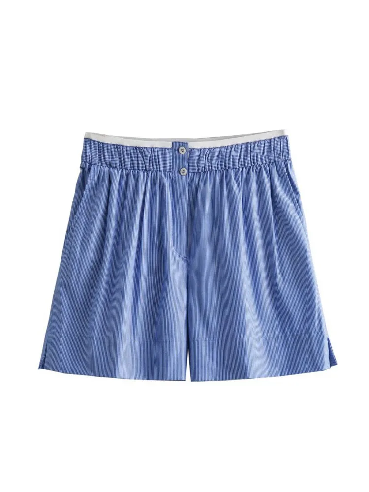 

Kumsvag 2023 Women Summer Shorts Casual Loose Striped Poplin Pockets Elastic waist Female Elegant Street Shorts Clothing