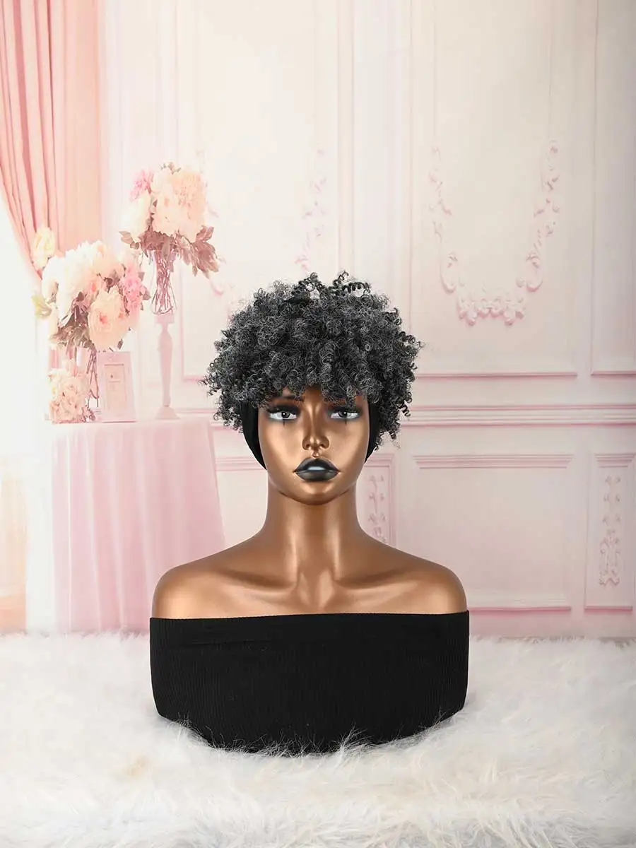 Headband Wig Curly Headband Wig With Bangs For Women Synthetic Afro Curly Hair Wig With Headband Attached Short Kinky